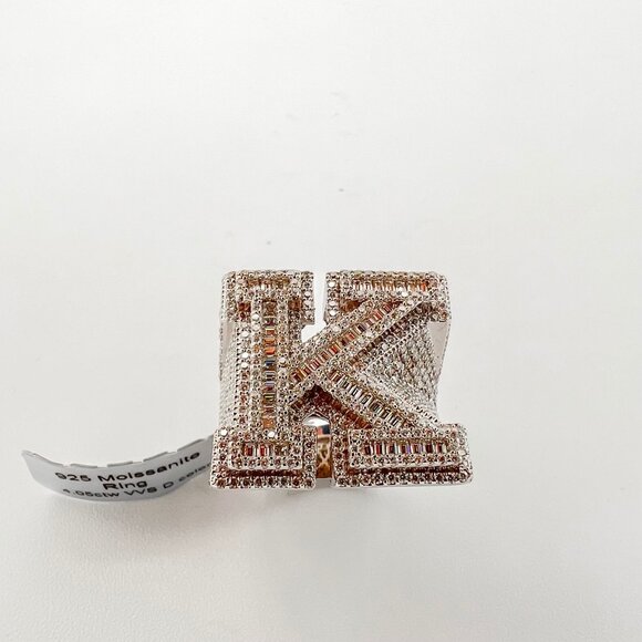 925 Sterling Sliver Moissanite Alphabet K Letter Ring, 4.05ctw VVS Stones Hip Ho - Picture 2 of 7